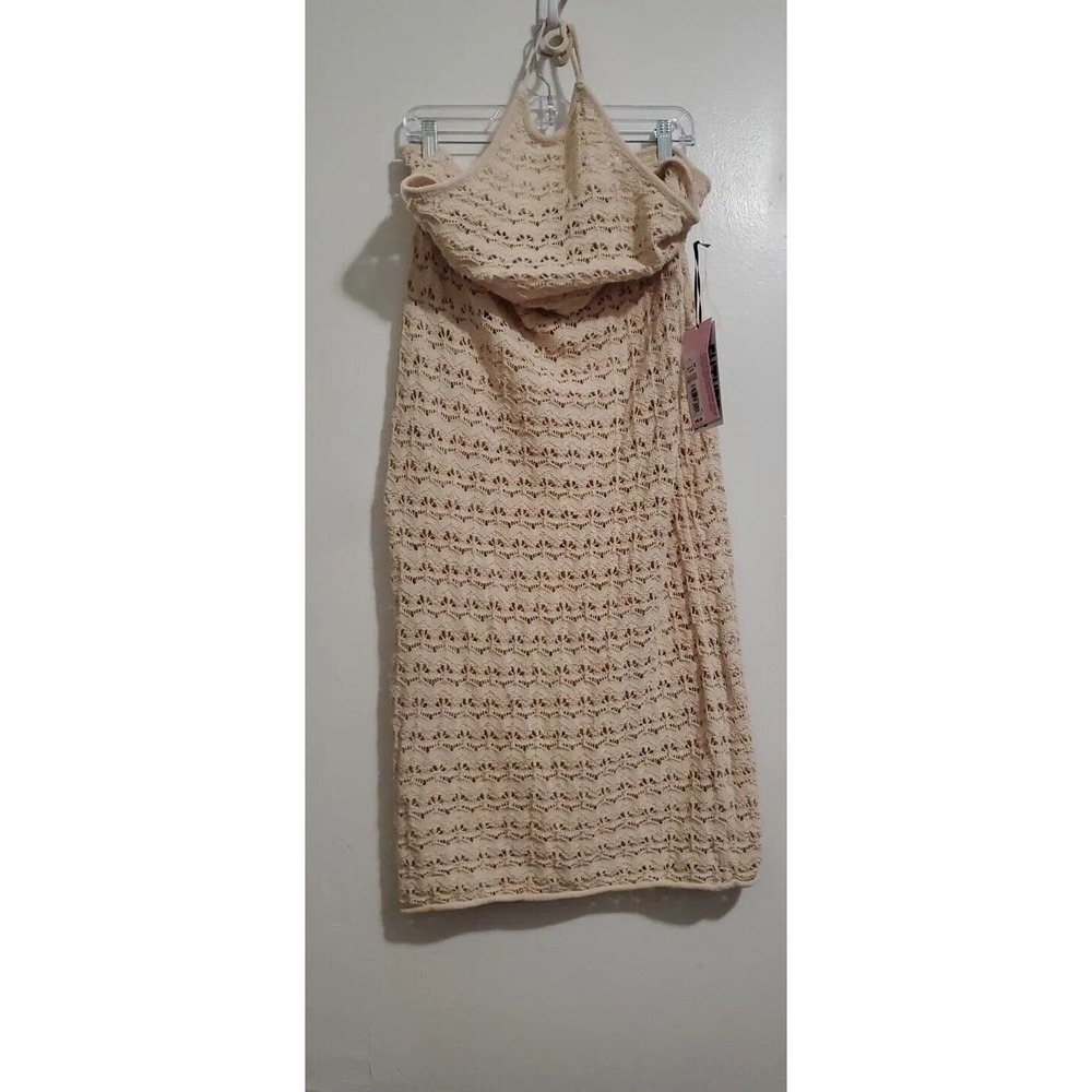 Women's Halter Tie Neck Open Knit Crochet Midi Sweater Dress - Future L